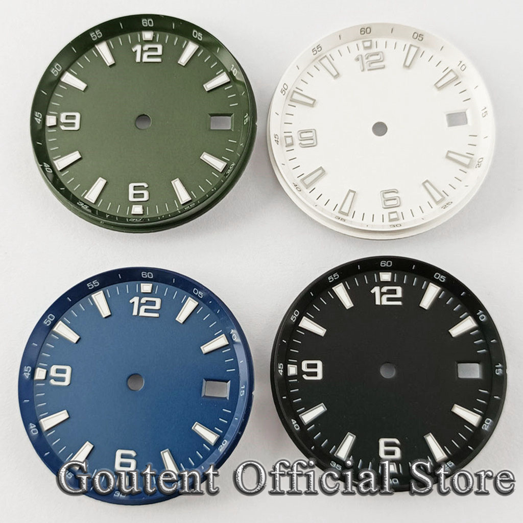 Gold 6138 - Goutent-発光滅菌時計ダイヤル、日付ウィンドウ付き移動時計の顔、黒、青、緑、nh35、31mm